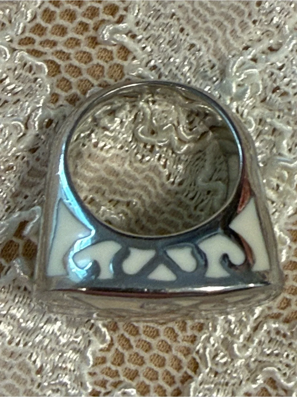Silver tone filigree heart & ivory chunky ring SZ 6 navy featherweight earrings